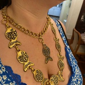 Goldfish Statement Necklace, Huge Gold Tone Fish, Chunky Chain